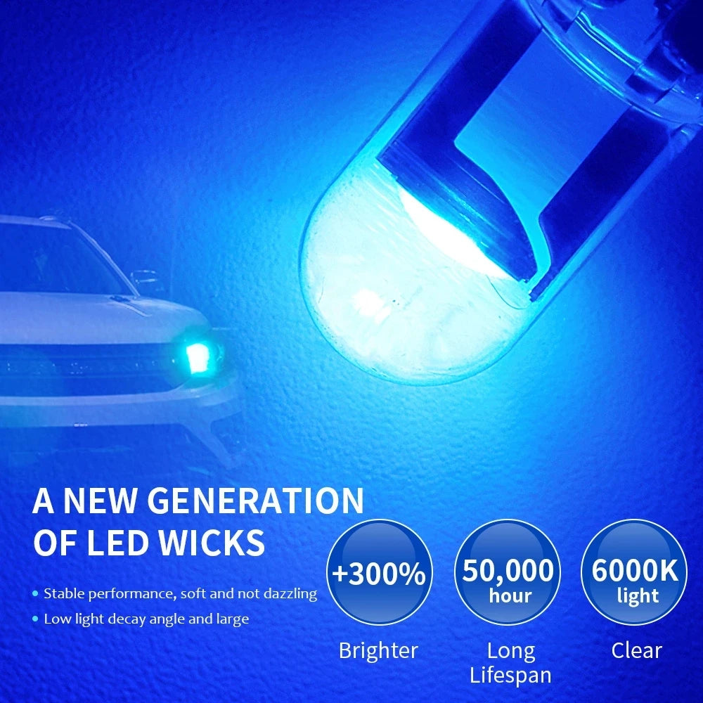 Veltora 10X W5W LED T10 car interior bulbs in white, ice blue, and yellow for license plate, dome, and reading lights.