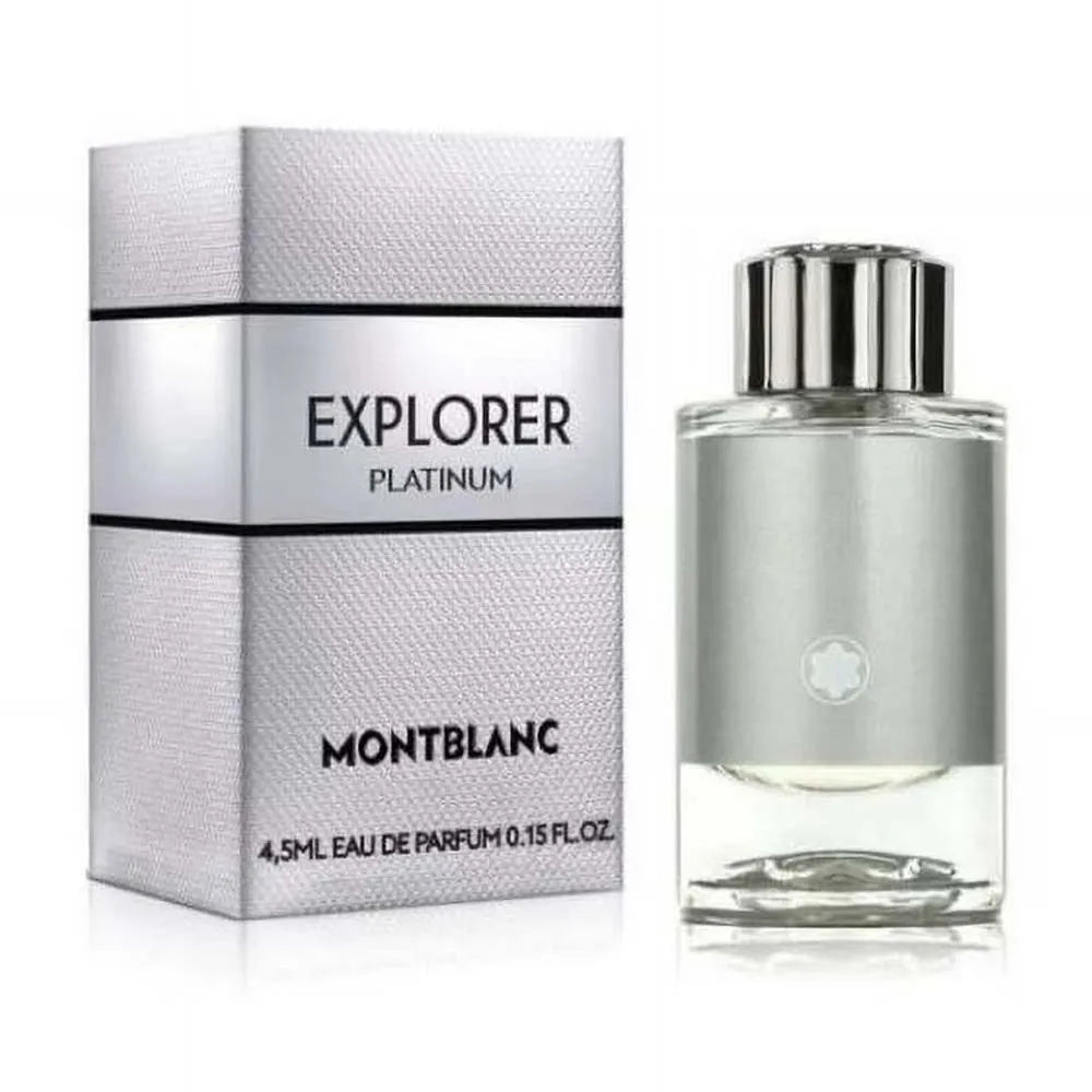 Veltora Mont Blanc Explorer Platinum 0.15oz Eau de Parfum mini bottle with sleek silver packaging and clear fragrance label.