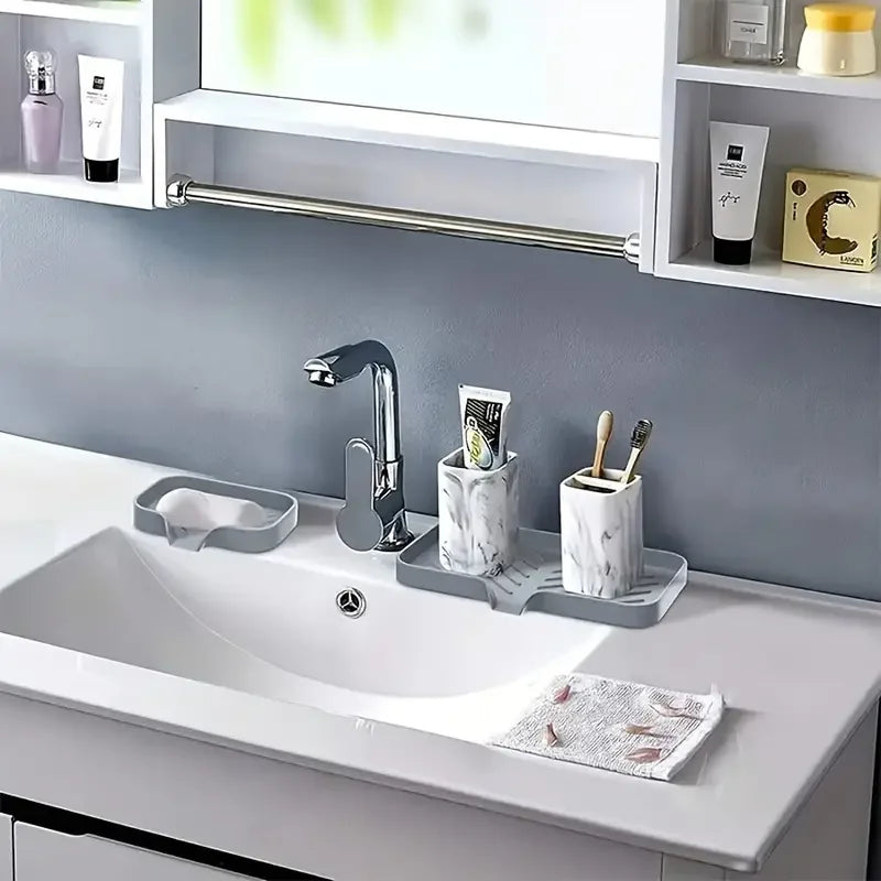 Veltora silicone faucet mat and sink tray with soap dispenser, sponge drain pad, and countertop storage for kitchen sink organization