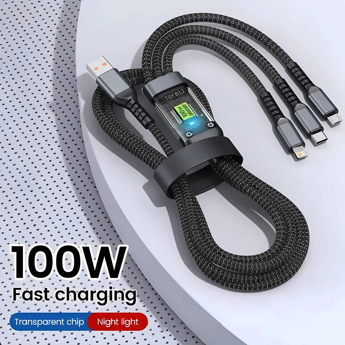 Veltora 100W fast charging nylon braided multi USB cable with Type-C and Micro connectors for versatile device charging.