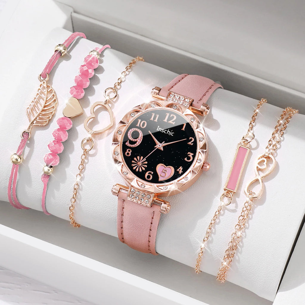 Veltora women's fashion watch with heart dial, casual leather band, and leaf bracelets in a 6-piece set.