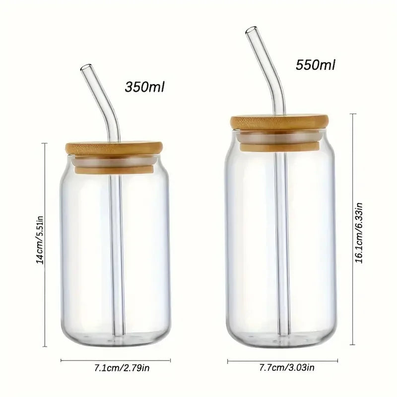 Veltora glass cup with bamboo lid and straw, 350ml/550ml mason jar style for coffee, juice, or cocktails, beer can shape.