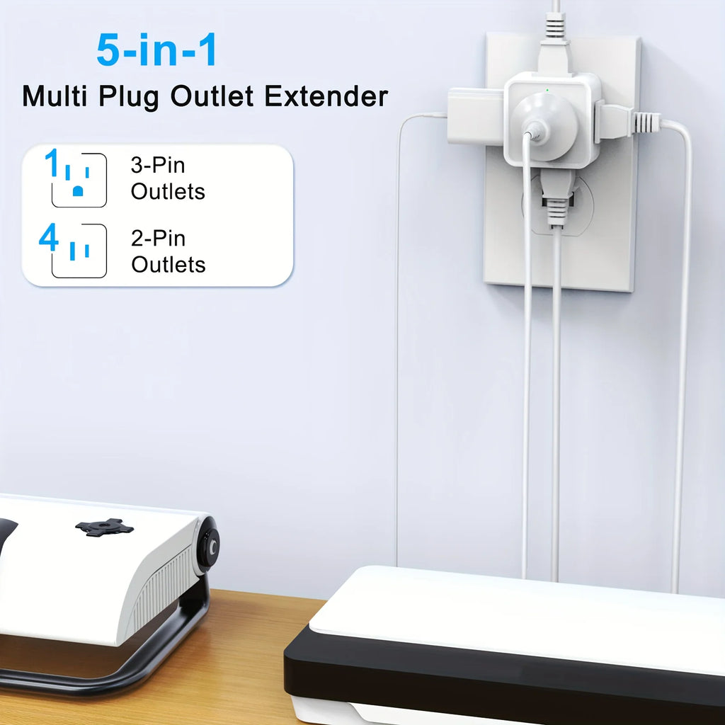 Veltora 5-way multi plug outlet extender with wall mount design, small electrical outlet splitter for travel, home, office, dorm use