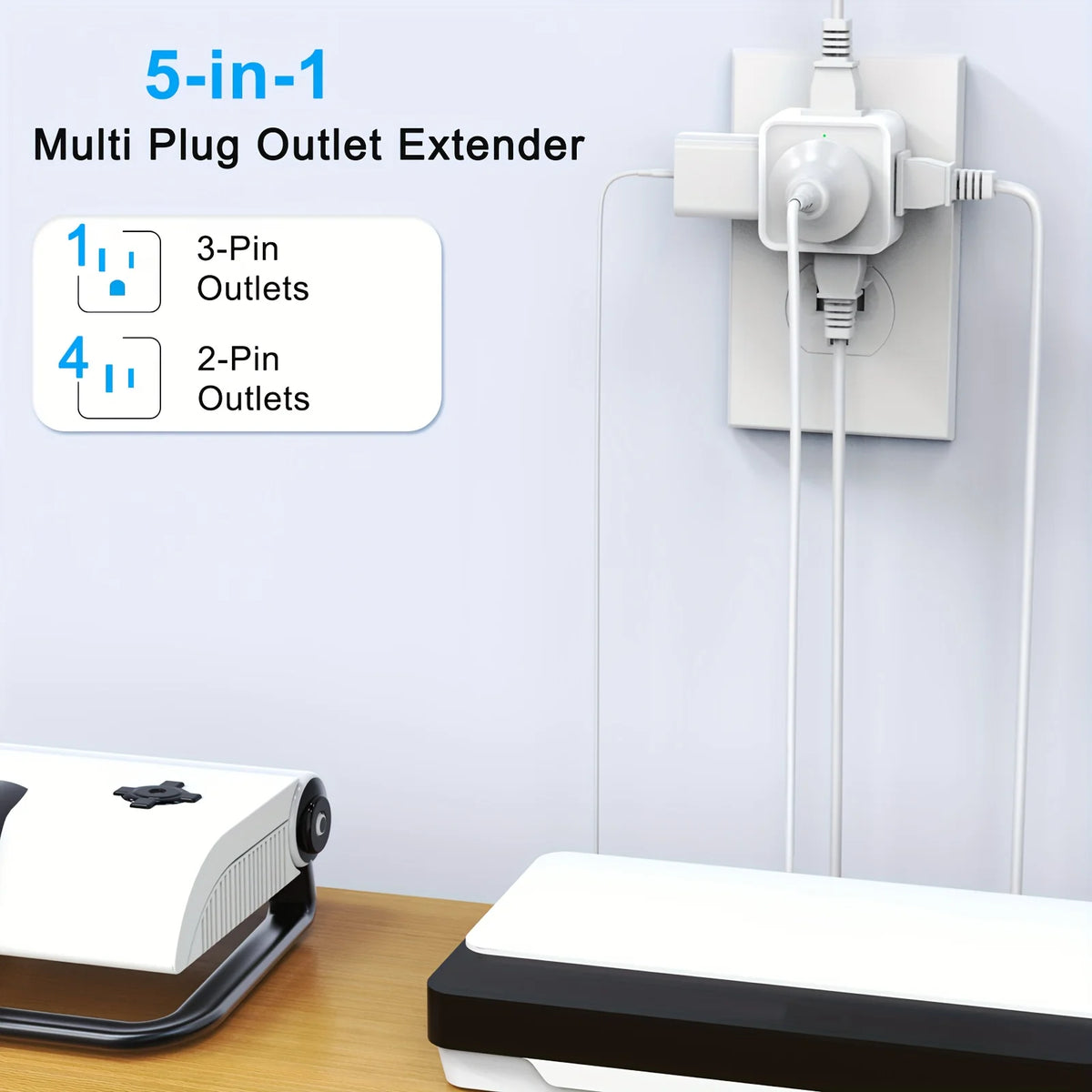 Veltora 5-way multi plug outlet extender with wall mount design, small electrical outlet splitter for travel, home, office, dorm use