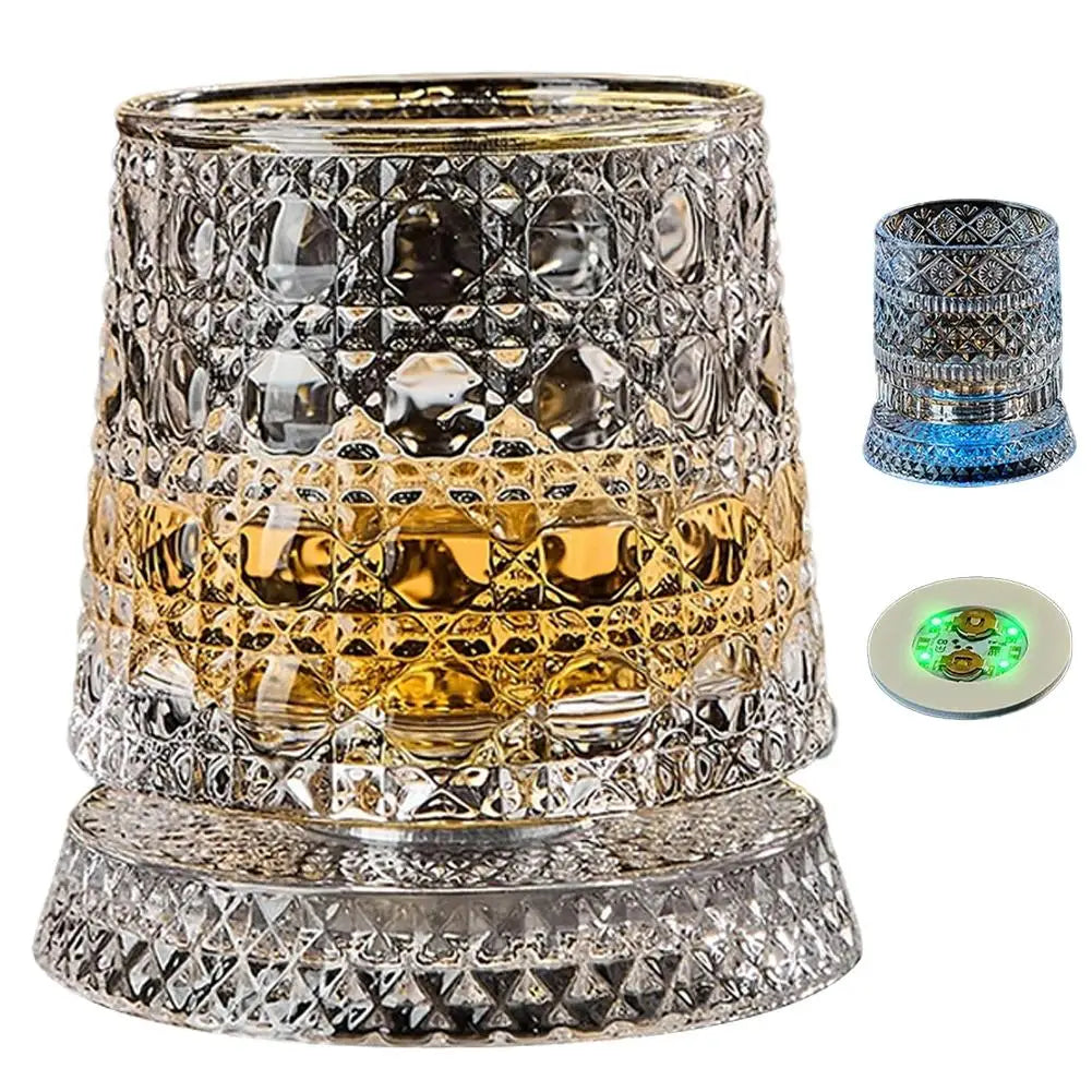 Veltora 260ML rotating whiskey glass with crystal design, straight drink mold, and base for premium liquor and beer serving.
