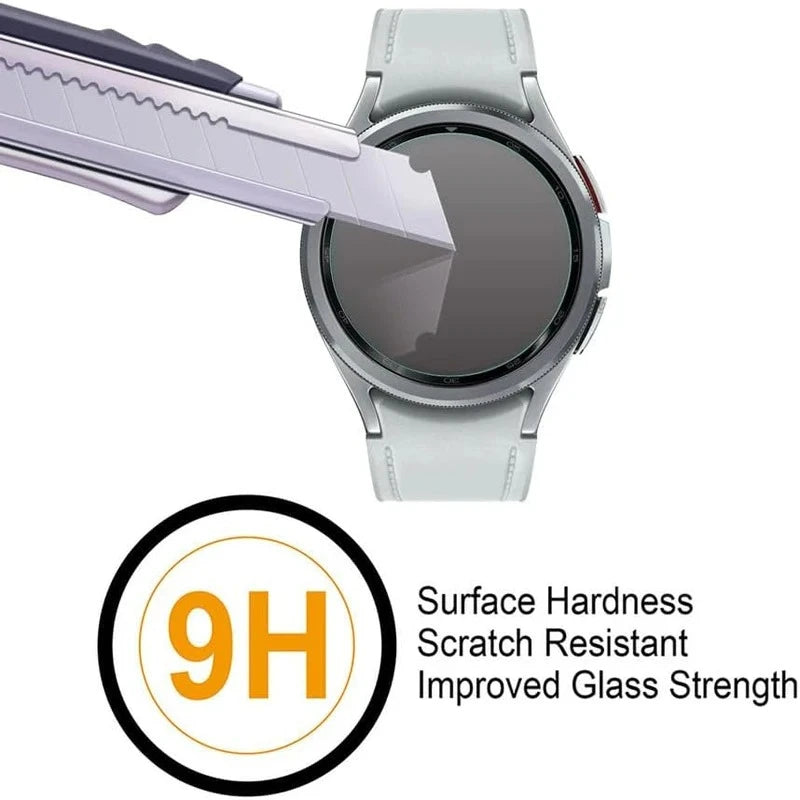 Veltora glass protective film for Samsung Galaxy Watch 7 Ultra and Series, fitting 40mm to 47mm screen sizes, showing screen protector.