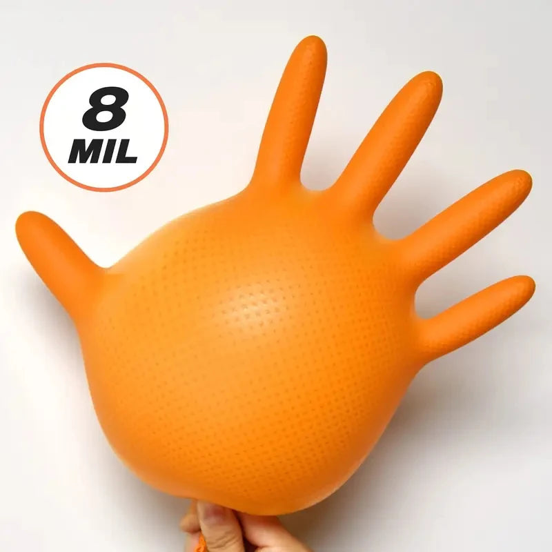 Veltora heavy-duty orange nitrile disposable gloves with diamond textured grip for industrial mechanic safety and work protection