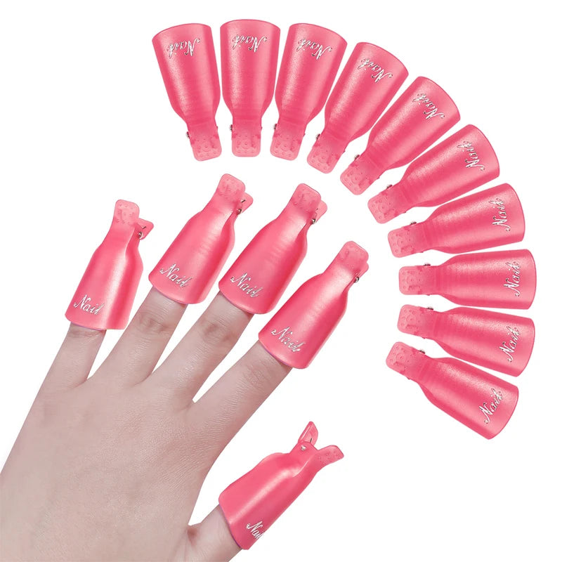Set of 10 colorful acrylic manicure dipped cap clips and nail cleaning tools from Veltora, used for UV gel and nail polish application.