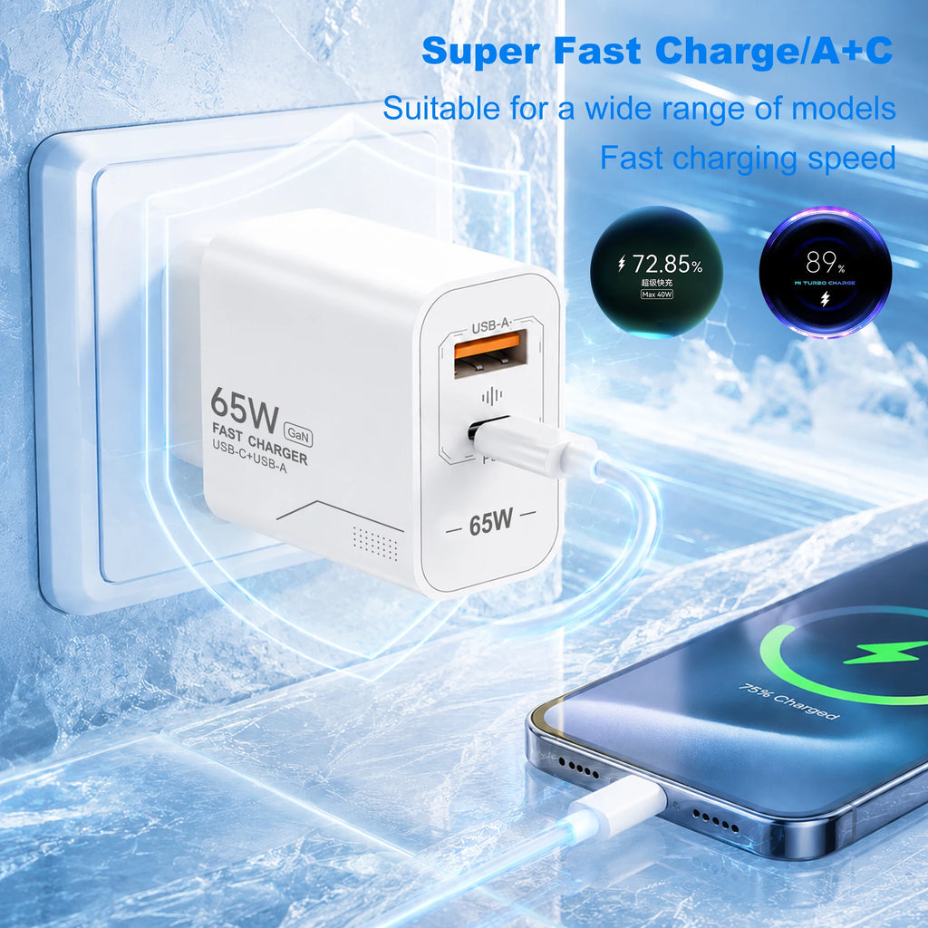 Veltora 65W GaN USB C charger with two ports for fast charging smartphones like iPhone, Samsung, and Xiaomi, EU/US plug wall adapter