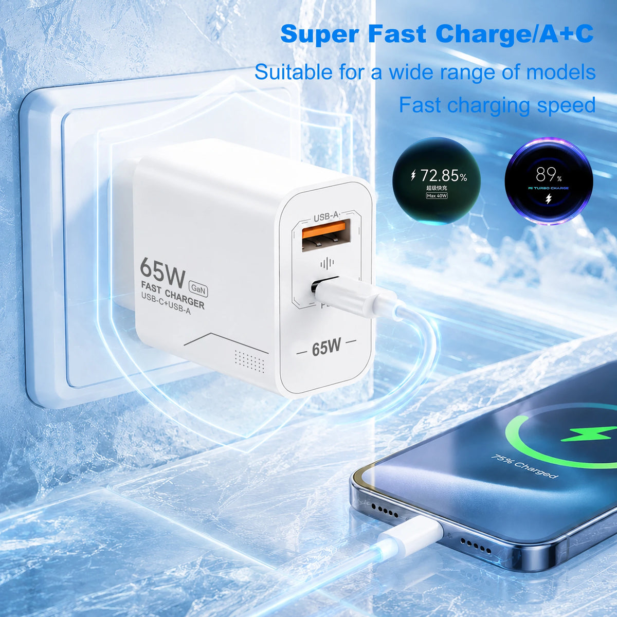 Veltora 65W GaN USB C charger with two ports for fast charging smartphones like iPhone, Samsung, and Xiaomi, EU/US plug wall adapter