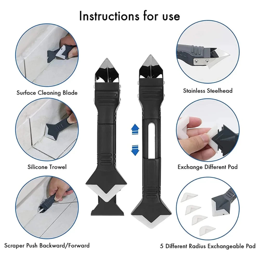 Veltora 5 in 1 metal head shovel glue tool kit with silicone spatula, caulk remover, grout removal, sealant finishing, and corner scraper