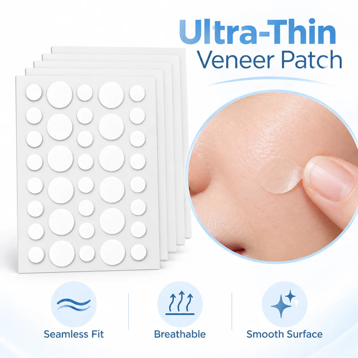 Veltora acne patch stickers for pore cleansing, oil control, and skin repair, shown on a clear surface with multiple pieces.