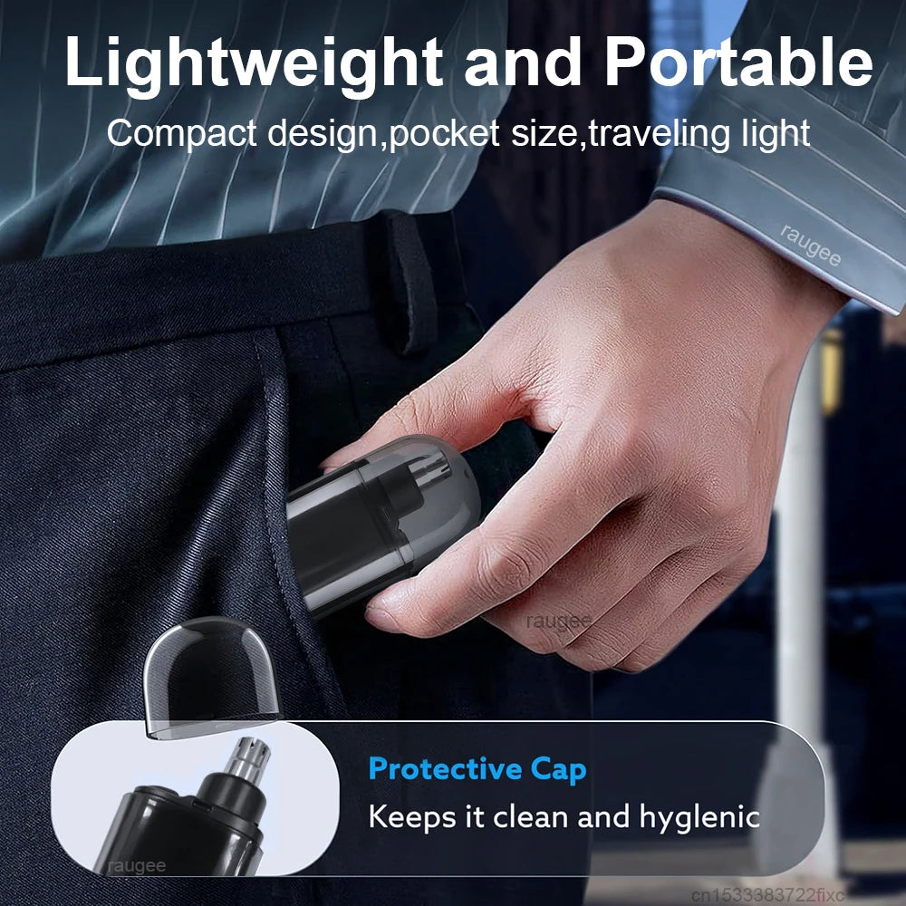 Veltora rechargeable electric nose hair trimmer for men, compact portable nose and eyebrow hair clipper with shaving razor.
