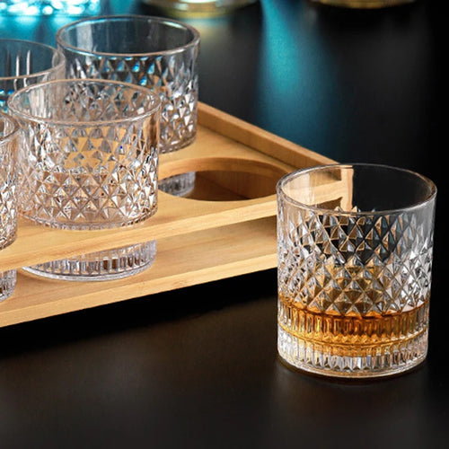 Set of transparent Veltora whiskey cups in 335ml size, crystal glass design for party, home, or bar use