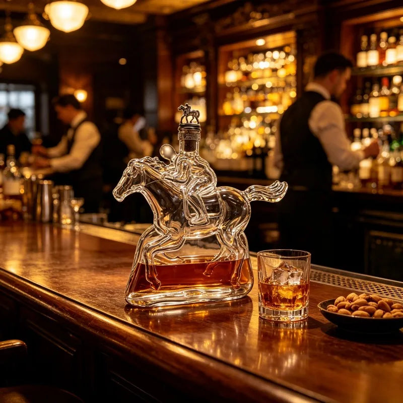 Veltora racing horse jockey crystal decanter with whiskey bottle, premium glass liquor storage bar decor, ideal gift for men