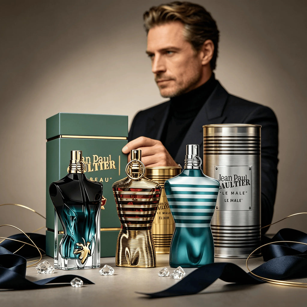 Jean Paul Gaultier Le Male Le Beau Series 3 perfume bottle with iconic torso shape, cylindrical metal gift can, long-lasting men's fragrance