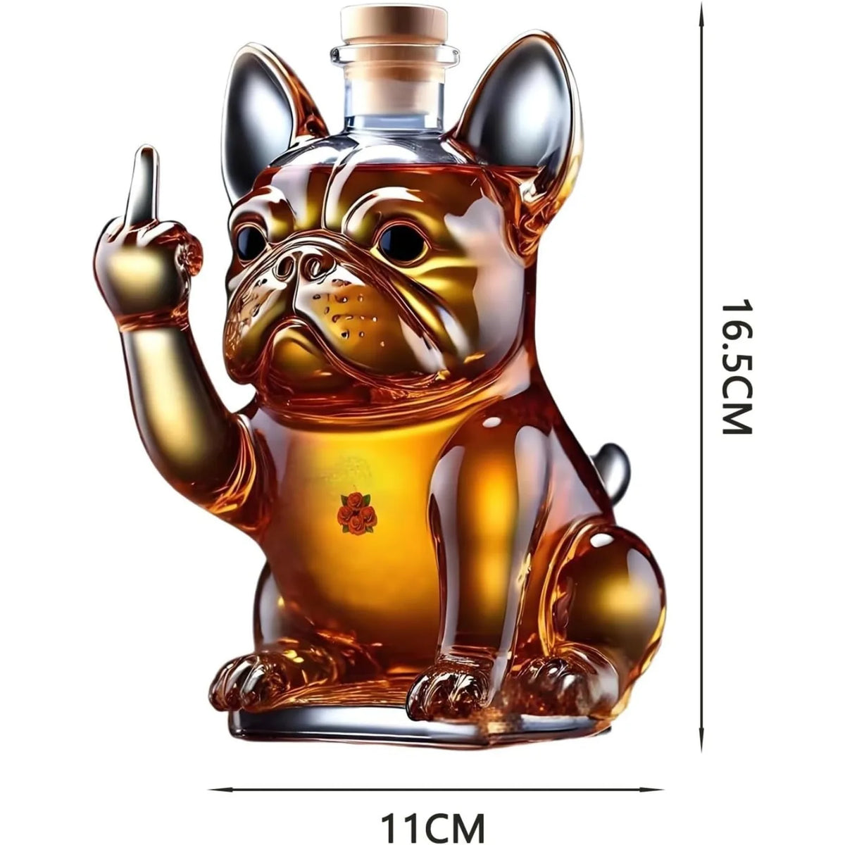 Veltora funny French Bulldog whiskey bottle with a unique middle finger dog wine glass bottle design, featuring detailed dog illustration.