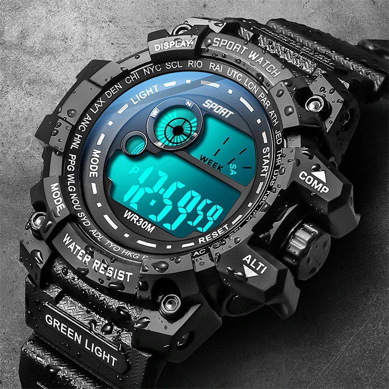 Veltora men's LED digital watch with luminous display, sport waterproof design, military style, and date function.