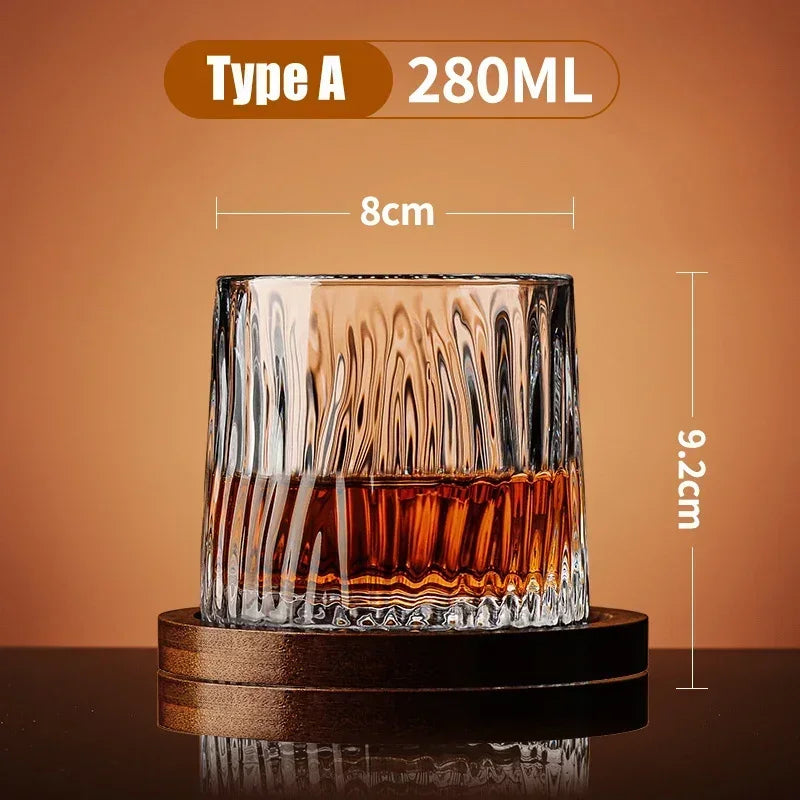 Veltora crystal whiskey tumbler glass with spinning base, rotating wine and brandy glass for bar or home drinkware