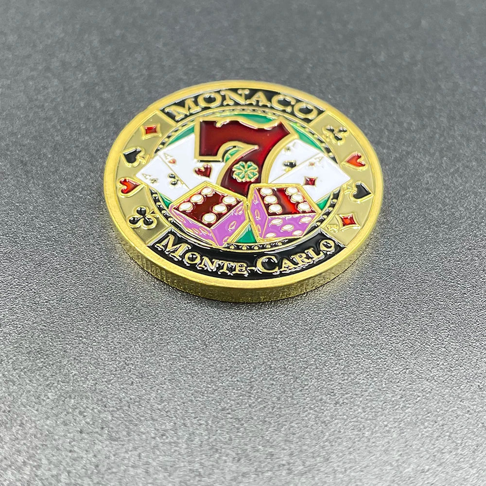 Veltora Monaco Monte-Carlo Casino gold coin poker pattern number 7 lucky medal in capsule with colorful electroplating details