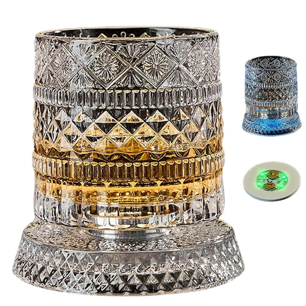 Veltora 260ML rotating whiskey glass with crystal design, straight drink mold, and sturdy base for liquor or beer.