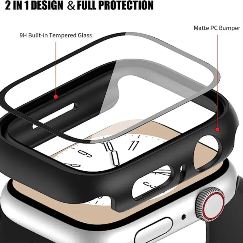 Veltora glass cover and screen protector for Apple Watch Series 5 6 7 8 SE 9, 38mm to 45mm sizes, with protective case in image.