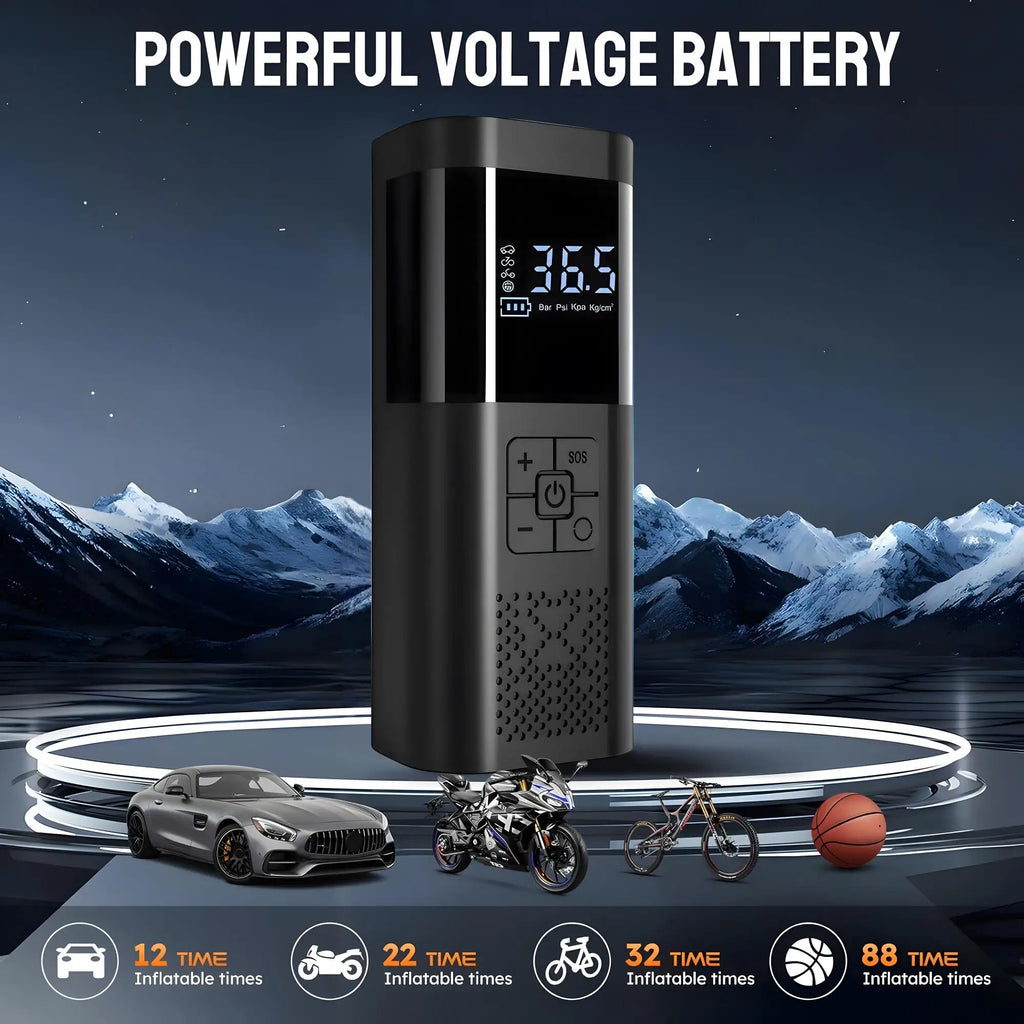 Veltora portable car air compressor with digital gauge, cordless tire inflator pump, 150 PSI, suitable for car, motorcycle, and bike tires.