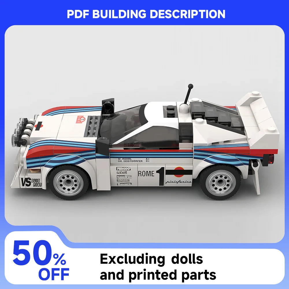 Veltora 244-piece MOC Rally Racing Lancia Rally 037 Martini Racing building blocks toy, detailed model for kids and collectors.