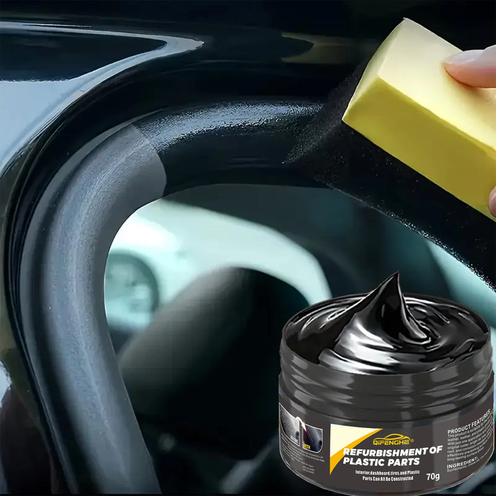 Veltora automotive plastic repair agent and polishing wax for interior and exterior plastic surfaces, scratches, and tires.