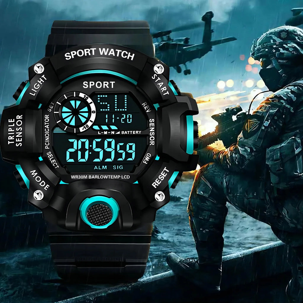 Veltora men's sports electronic wristwatch with large dial, waterproof, luminous display, multifunctional military-style design.