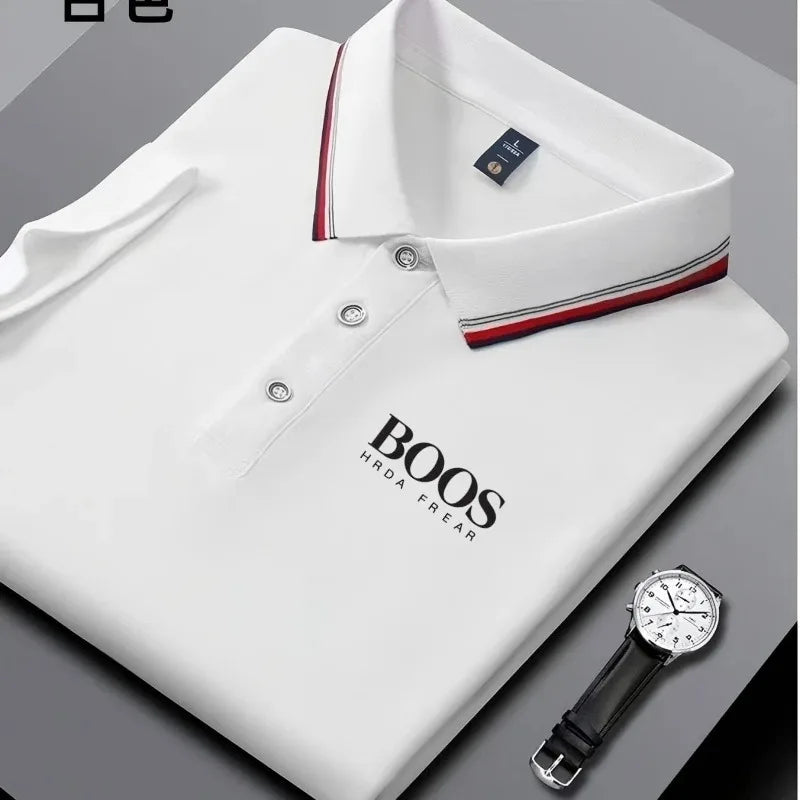 Men's Veltora business casual polo shirt with striped collar, letter print, short sleeves, breathable fabric, comfortable fit