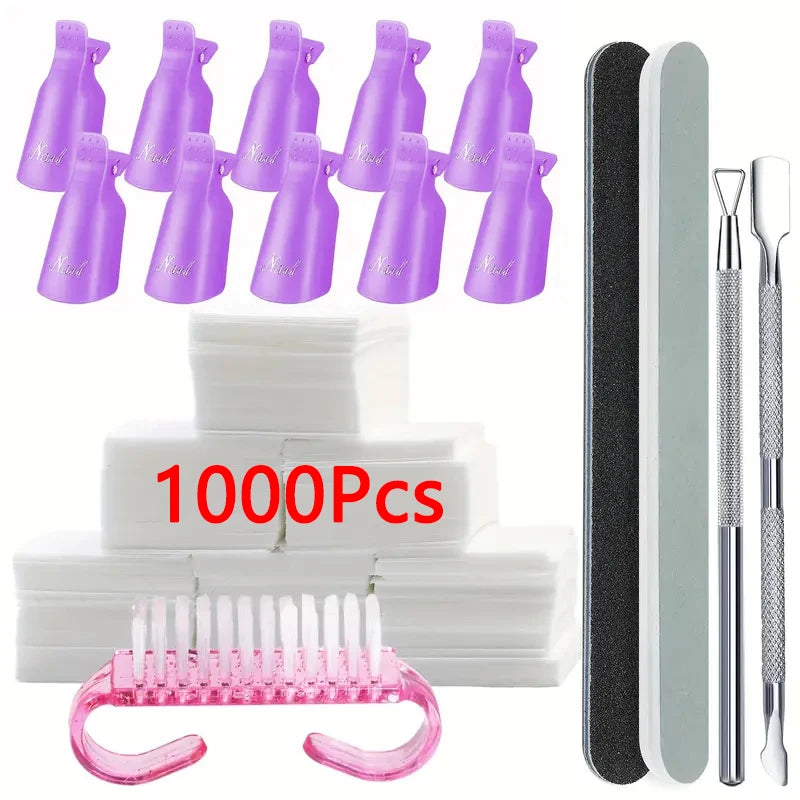 Veltora nail soak-off clip cap set with cotton pads, file, pusher, and brush for UV gel polish removal and manicure care.