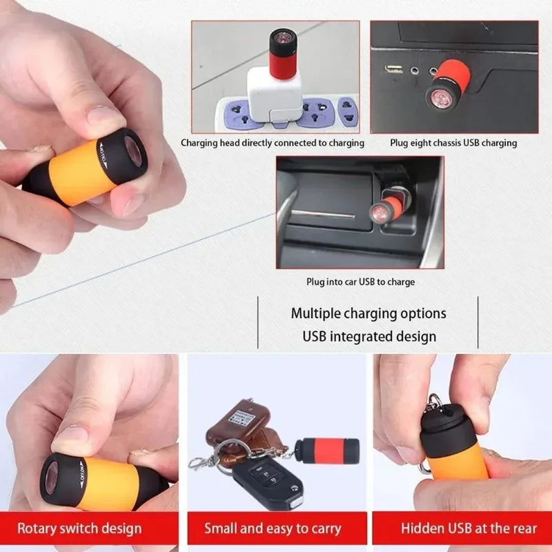 Veltora waterproof pocket keychain flashlight with LED light, mini size, USB rechargeable, ideal for outdoor hiking and camping.