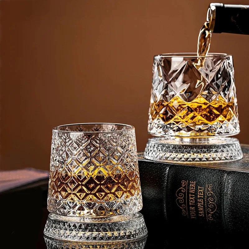 Veltora rotating whisky glasses with glass base, crystal rum glass for cocktails, featuring 360-degree rotation for elegant drinking experience