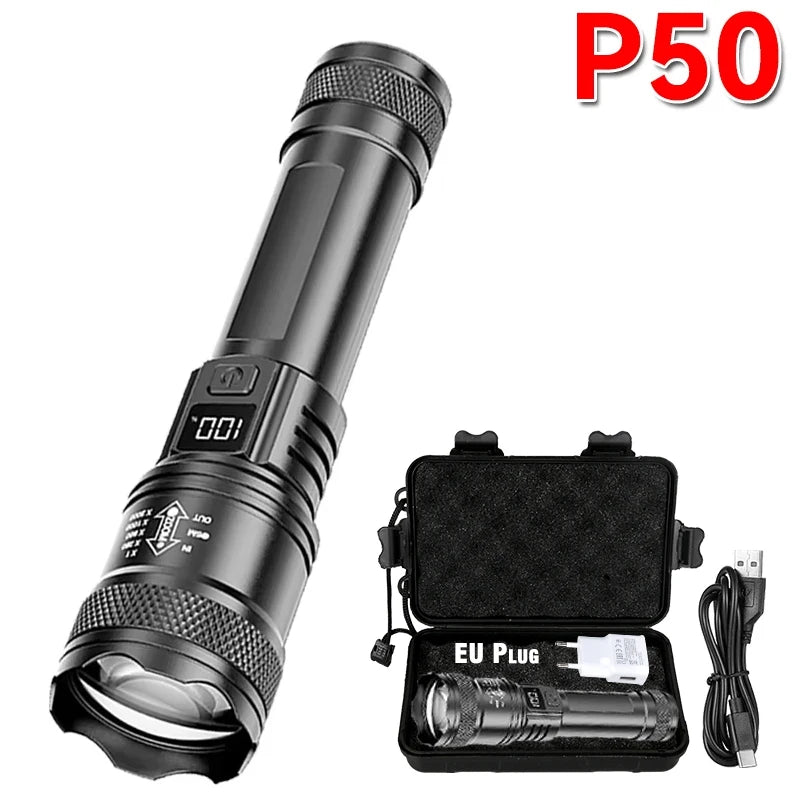 Veltora 2000LM Ultra Bright P50 LED Tactical Flashlight with telescopic zoom and handheld design, featuring battery compartment.