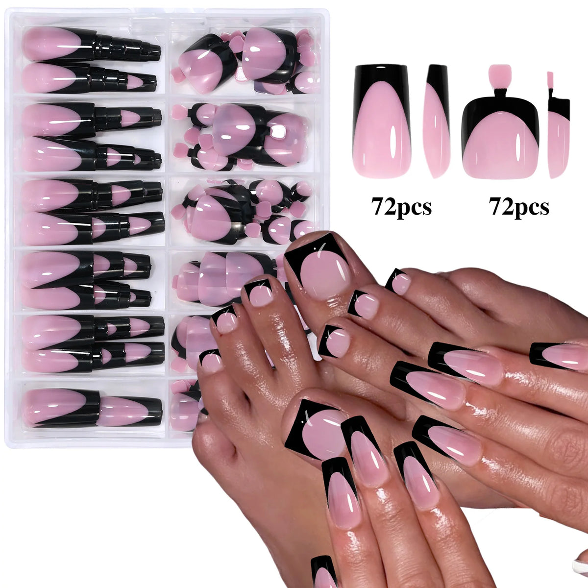Veltora 144pcs French black and pink short square false nails set for hand and foot, acrylic press-on nail art, full cover design