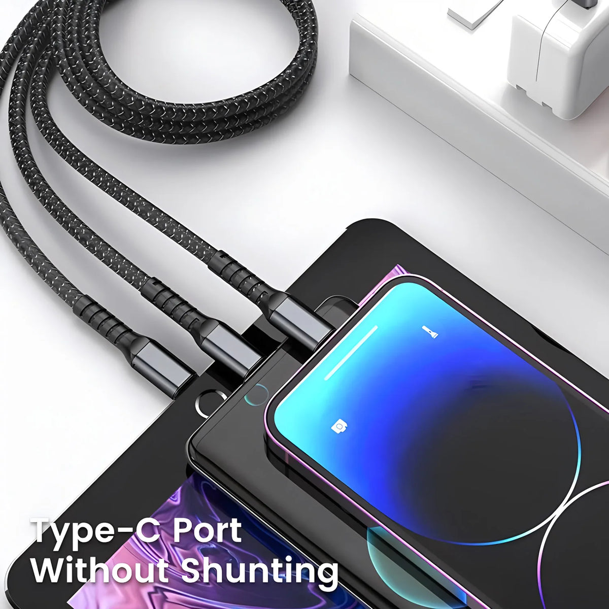 Veltora 100W fast charging multi USB cable with nylon braid, Type-C, Micro, and USB connectors for versatile device charging.