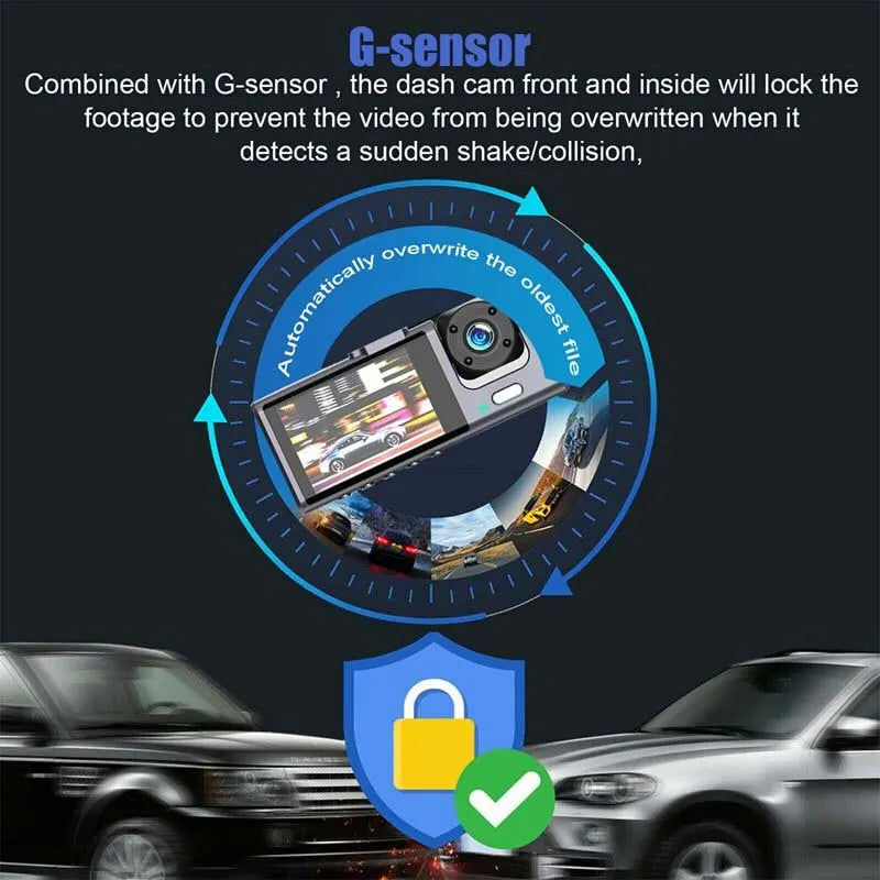 Veltora 1080P dual camera car dash cam with front and inside lenses, IR night vision, wide-angle lens, and loop recording.