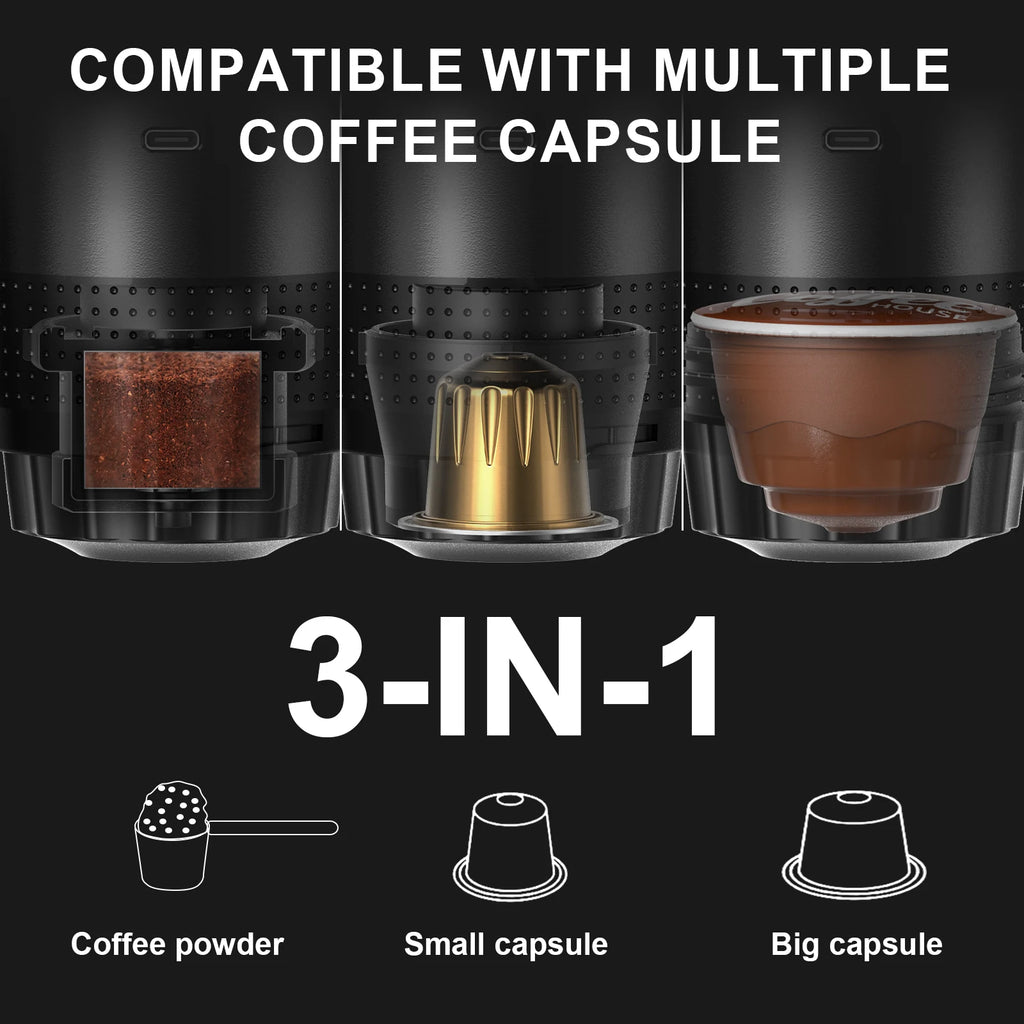 Veltora wireless electric portable espresso coffee machine for car, home, and camping, with 3-in-1 capsule and powder brewing options.