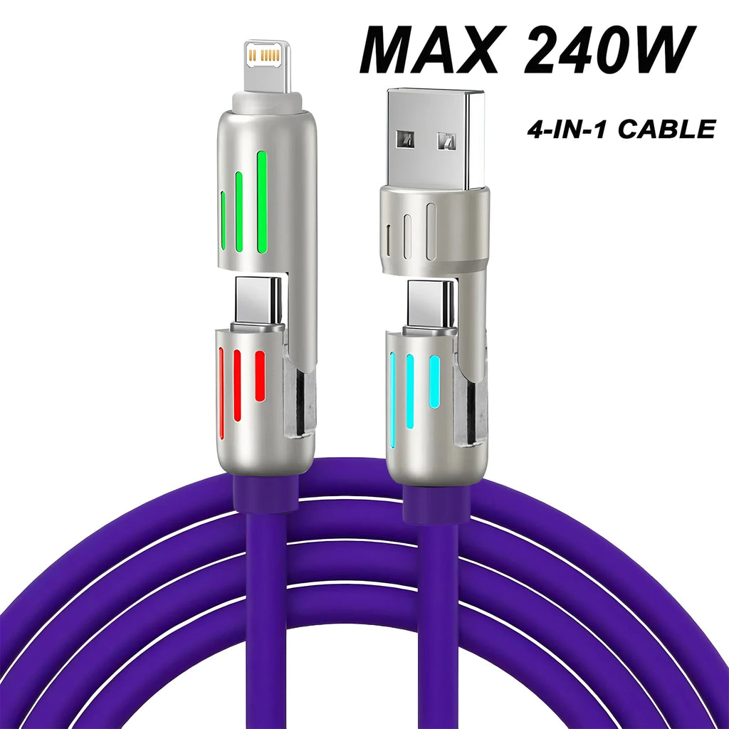 Veltora 4-in-1 240W USB Type C silicone fast charging cable for iPhone, Huawei, Samsung, Xiaomi, with durable Type-C to USB A connection.