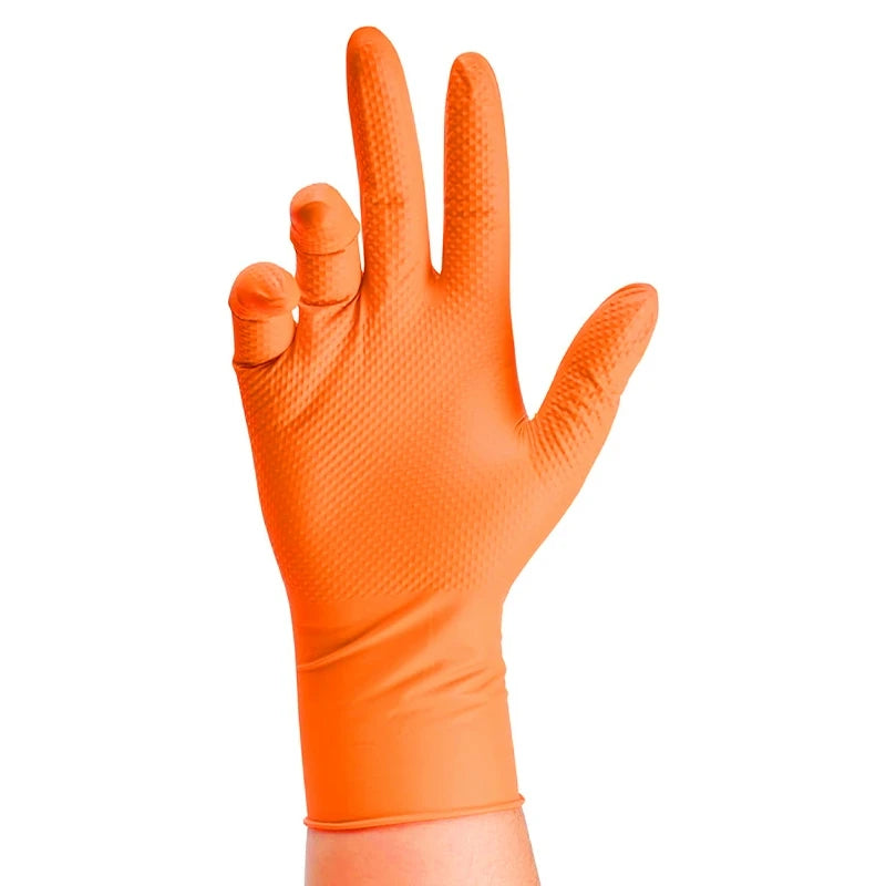 Heavy duty orange Veltora nitrile gloves with diamond textured grip, 8mil thickness, ideal for industrial mechanic safety and work tasks.