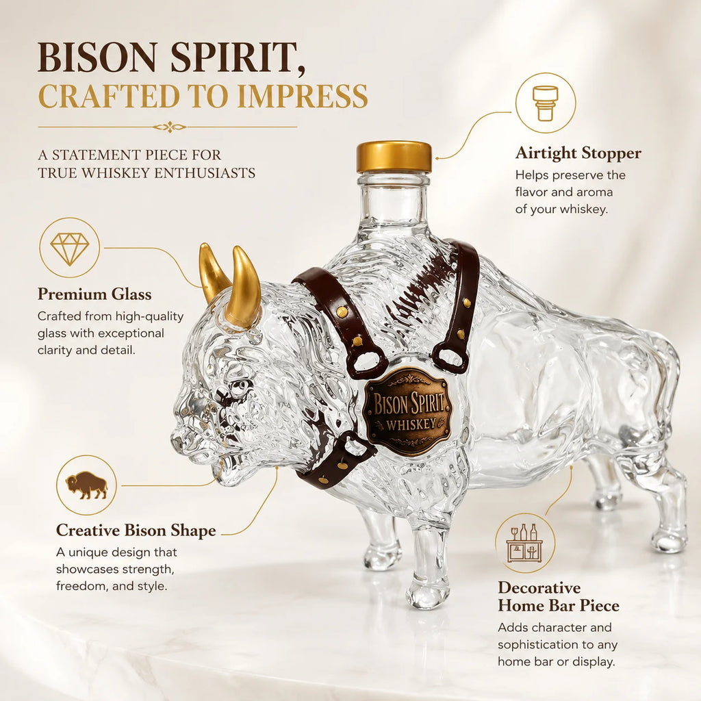 Veltora bison-shaped whiskey decanter with buffalo glass bottle, golden horn leather strap, Western farm style liquor dispenser.