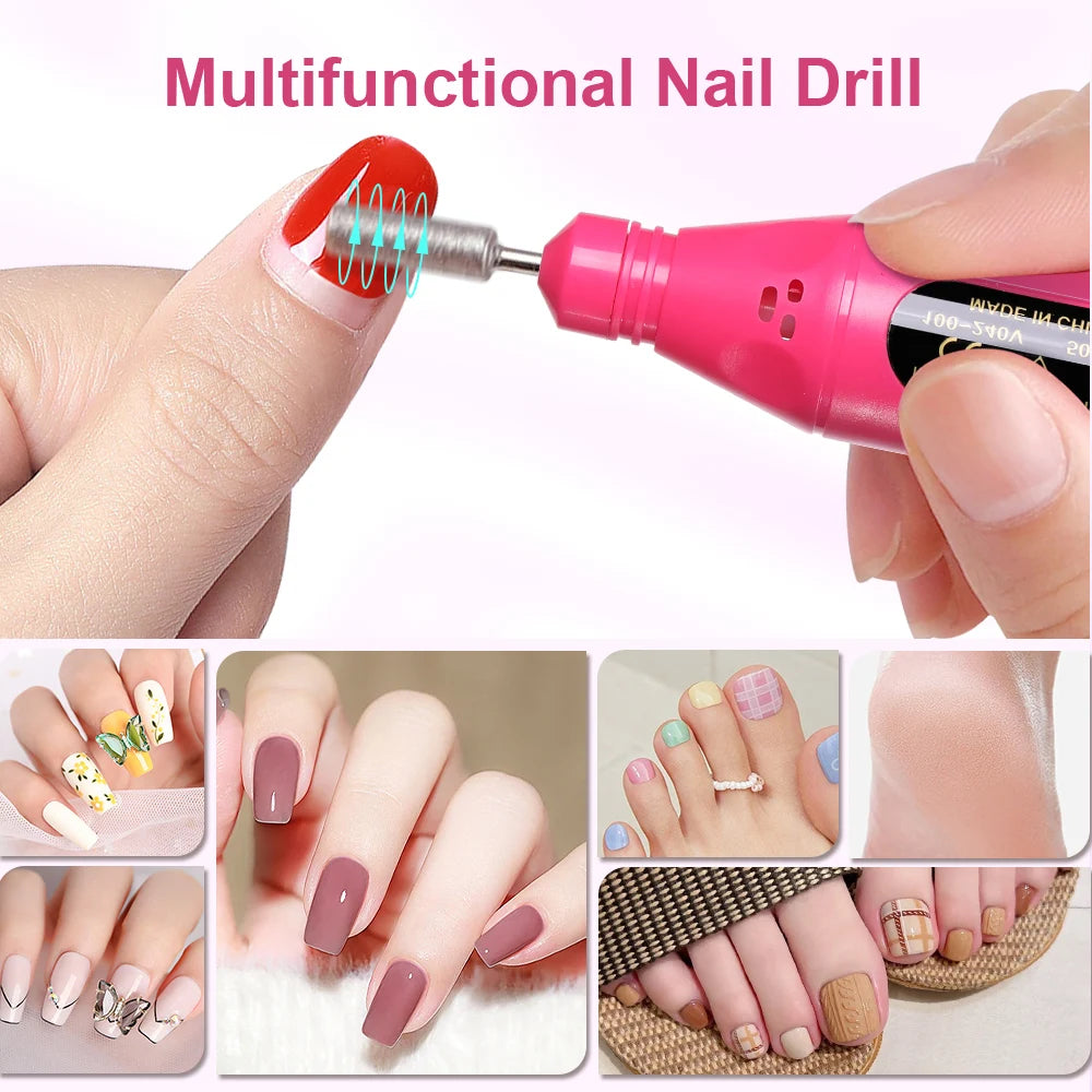 Veltora LINMANDA 6-in-1 electric nail drill kit with portable pen tool for manicures, polishing, and nail filing in a compact design.