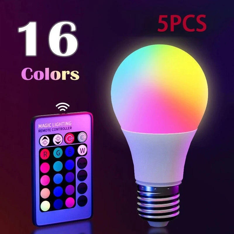 Veltora 16-color RGB LED E27 bulb showing multicolor lighting in a household lamp with remote control and dimmable feature
