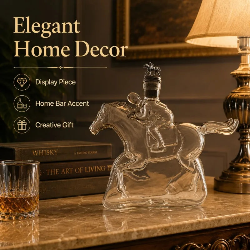 Veltora racing horse jockey crystal decanter with whiskey bottle, premium glass liquor container for bar decor and gifting.