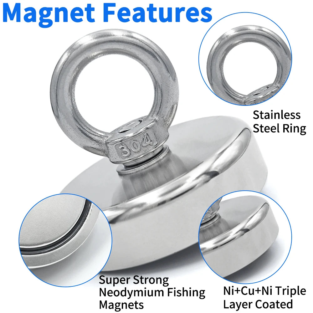Veltora Neodymium fishing hook with countersunk hole, strong N52 rare earth magnet, heavy-duty salvage magnetic tool.
