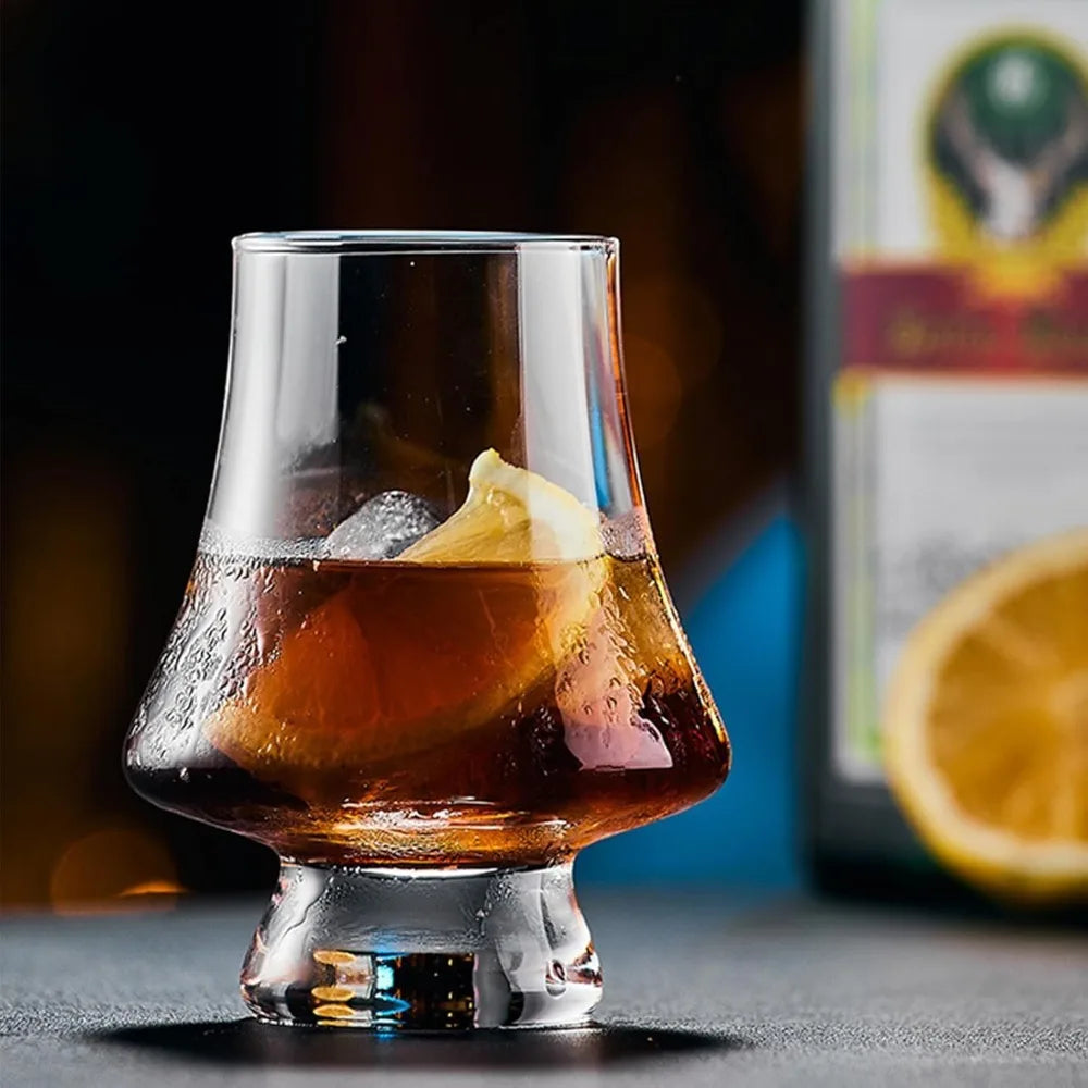 Veltora whiskey crystal glass set with four 9-ounce clear, lead-free tasting glasses for wine, bar, or party use.