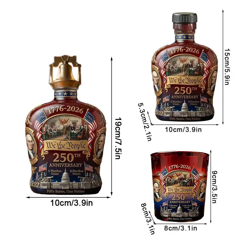 Veltora U.S. 250th Anniversary commemorative whiskey bottle and water cup for collection, featuring intricate designs and patriotic details.