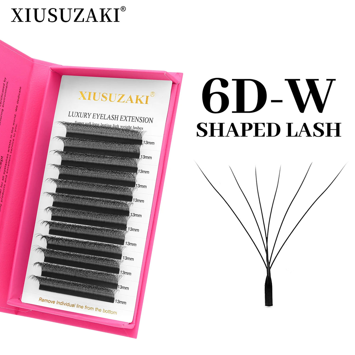 Veltora XIUSUZAKI W Shaped Bloom 2D-8D eyelash extensions with fan design, arranged on a display for professional eyelash extension application.