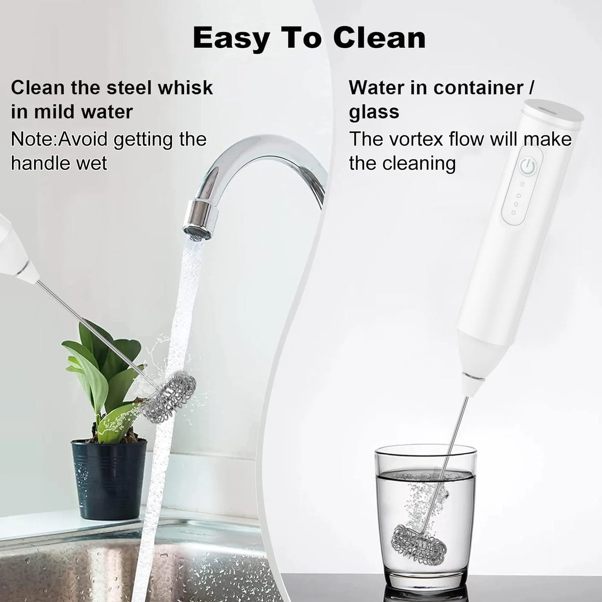 Veltora MINI USB rechargeable milk frother with three speed settings, electric coffee whisk and egg beater on black background.